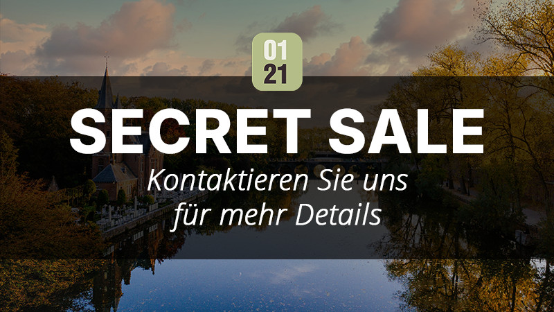 Un'immagine pubblicitaria con il testo: 01 21 VENDITA SEGRETA Contattaci per maggiori dettagli su un pittoresco paesaggio fluviale, ideale se vuoi investire in una proprietà per le vacanze o vendere un campeggio. 0121Management - l'agente immobiliare per campeggi e proprietà per le vacanze 