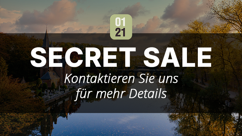 Ein Werbebild mit dem Text: 01 21 SECRET SALE Kontaktieren Sie uns für mehr Details über eine malerische Flusslandschaft - ideal, wenn Sie in eine Ferienimmobilie investieren oder einen Campingplatz verkaufen möchten. 0121Management - der Campingplatz und Ferienimmobilien Makler