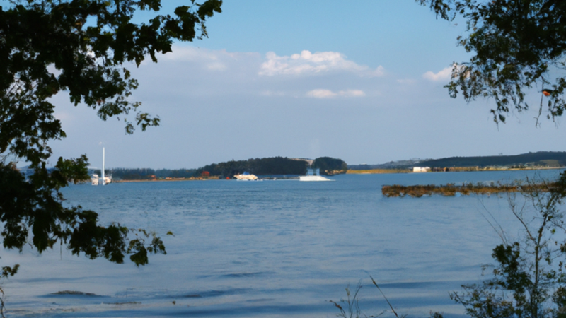 Ein ruhiger See, umrahmt von Baumzweigen, mit Booten auf dem Wasser und einer entfernten Uferlinie unter blauem Himmel - ein einladender Anblick für diejenigen, die in einer ruhigen Umgebung investieren oder einen Campingplatz kaufen möchten. 0121Management - der Campingplatz und Ferienimmobilien Makler