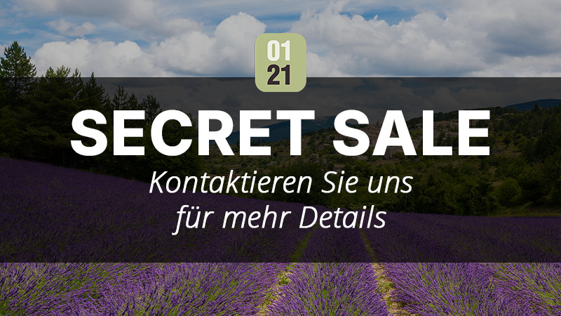 Ein Feld mit lila Blumen unter einem bewölkten Himmel mit dem Text 01 21 SECRET SALE. Kontaktieren Sie uns für mehr Details zum Thema Glamping oder Campingplatz kaufen. 0121Management - der Campingplatz und Ferienimmobilien Makler