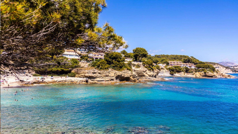 Eine malerische Küstenansicht mit klarem türkisfarbenem Wasser, felsigen Klippen und einem Sandstrand. Kiefern umrahmen das Bild, während Menschen im Meer schwimmen - ein idealer Ort für diejenigen, die eine Ferienimmobilie oder einen Campingplatz in der Nähe von grünen Hügeln und blauem Himmel kaufen möchten. 0121Management - der Campingplatz und Ferienimmobilien Makler
